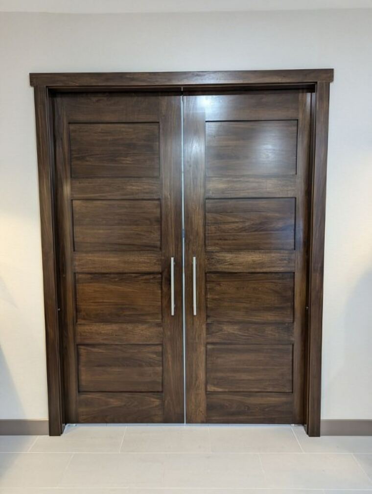 Stained five-panel double doors with matching trim