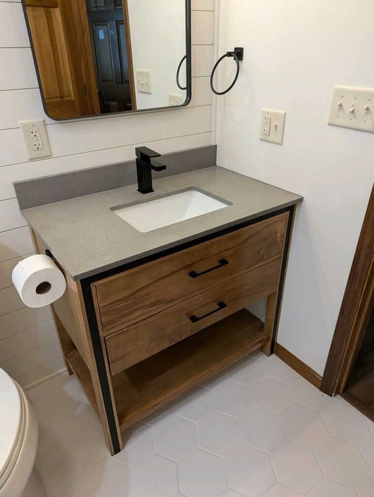 Walnut bathroom vanity with shiplap wall