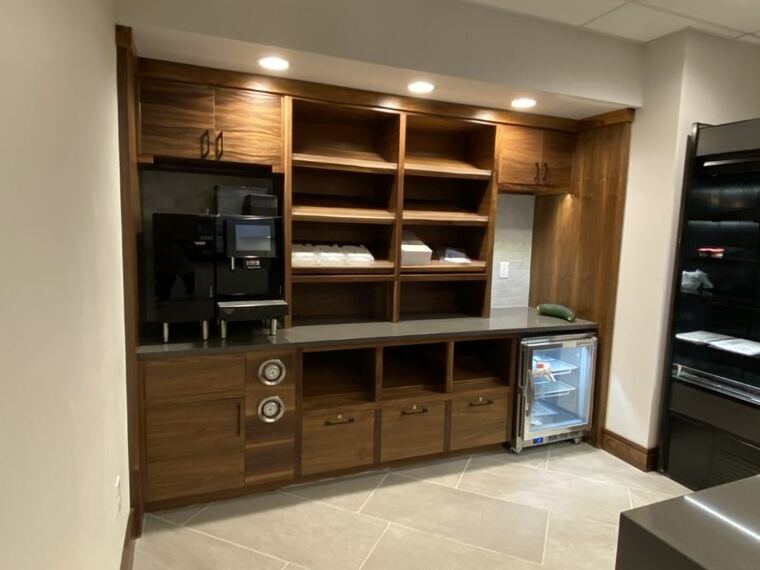 Walnut coffee station with open shelving and drawer storage